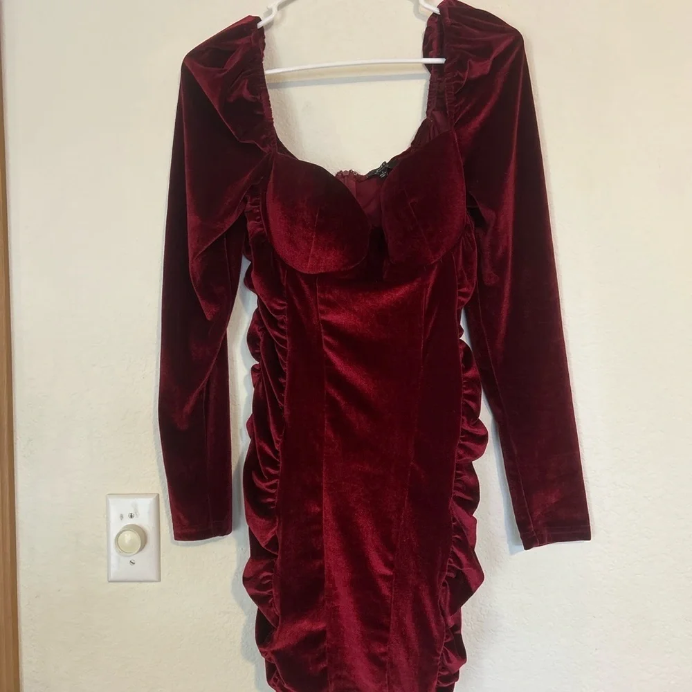 Privy Large Velvet Red Long Sleeve Rouched Vampy Goth Dark Romantic Mini Dress